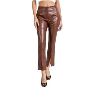 Wildfox Princess Seams Vegan Faux Leather Split Hem Pant Brown Size XS #1264 NWT